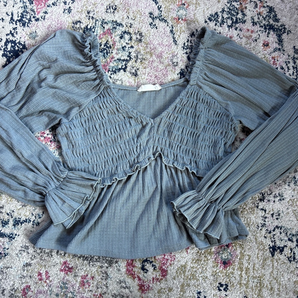 Altar'd State Slate Blue Smocked Puff Sleeve Blouse